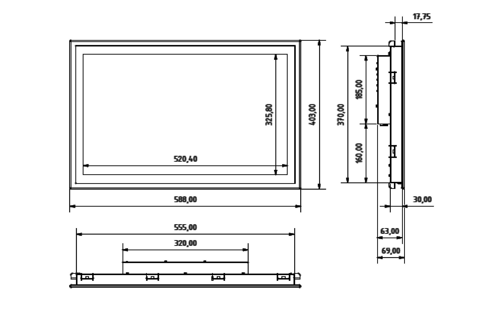 SCM-240 Einbau-Industrie-Monitor mit Touchscreen — Technische Zeichnung