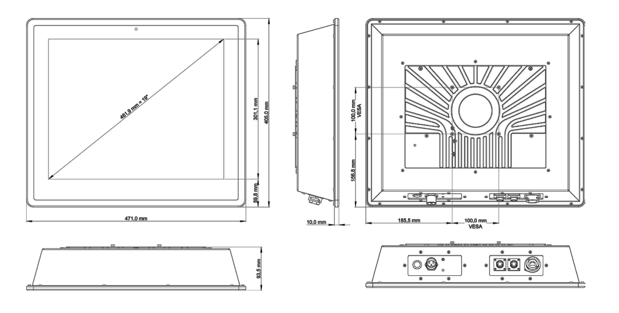 TLSM-190A: IP65 Industrie-Monitor mit Touchscreen — Technische Zeichnung